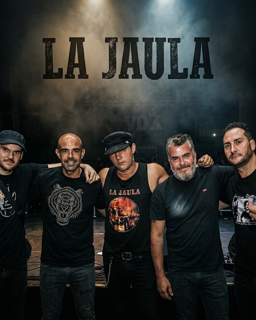 Los cinco músicos de La Jaula sobre el escenario, bajo el rótulo del grupo